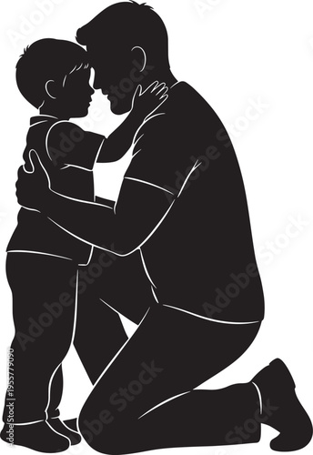 Silhouette of father kneeling and hugging his son, symbolizing unconditional love, family bond, and paternal care.