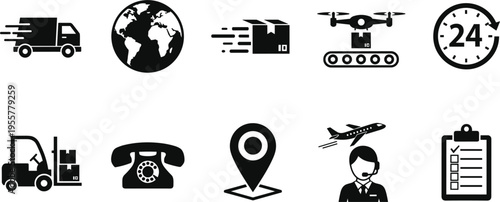 Logistics and delivery vector icon set with truck, drone, warehouse and global shipping symbols, transportation service elements collection isolated on white background.
