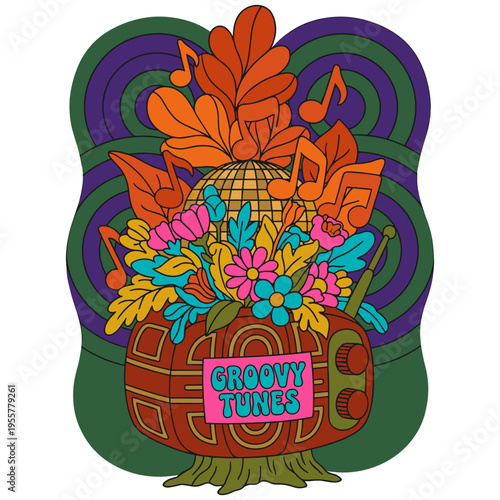 Vintage Retro Radio Groovy Tunes with Botanical Leaves and Music Notes