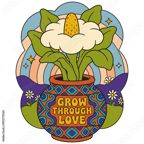 Retro Potted Peace Lily Plant with Grow Through Love Inspirational Quote