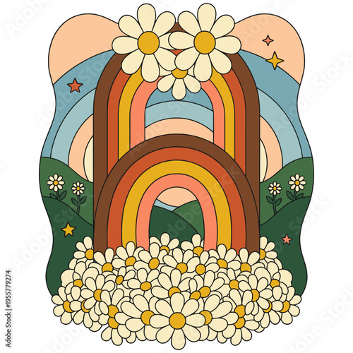Retro 70s Earth Tone Rainbow with Daisy Flowers and Stars