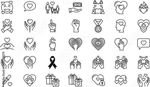 Love and care vector icon set with heart, charity, donation and support symbols, outline humanitarian elements collection isolated on white background.