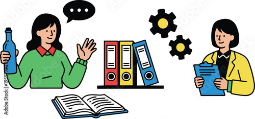 Flat line art two women talking with bottle clipboard open book binders and gears