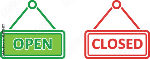 Open and closed sign vector illustration with hanging shop boards, business status symbols, retail store notification elements isolated on white background.