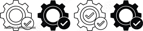 Settings gear vector icon set with check mark symbols, configuration and approval elements, outline and solid cogwheel collection isolated on white background.