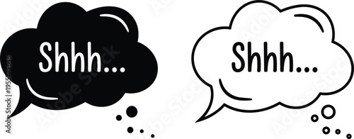 Shhh speech bubble vector icon set with solid and outline comic chat symbols, silence message elements isolated on white background.