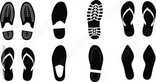 Shoe sole vector icon set with footprint patterns and footwear bottoms, sneaker and sandal sole silhouettes collection isolated on white background.