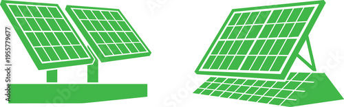 Solar panel vector illustration set with green renewable energy systems, photovoltaic modules, eco technology icons, sustainable electricity generation concept isolated on white background.