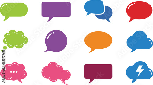 Speech bubble vector icon set with colorful chat clouds, communication message symbols collection for social media and messaging apps isolated on white background.