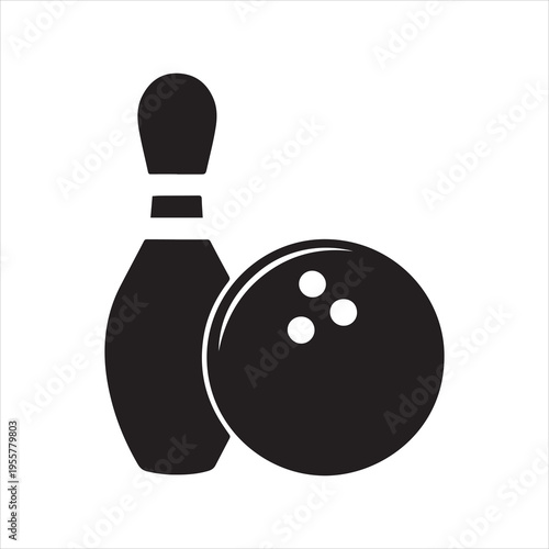 Black silhouette of bowling pin and ball on white background.