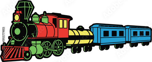Colorful vintage steam locomotive with red engine yellow tank and blue passenger cars flat design