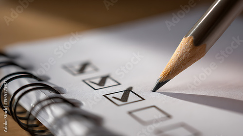 Close up photo of a pencil marking checkboxes on a white paper in a notebook. Focus is on the pencil tip and the last checkmark being made