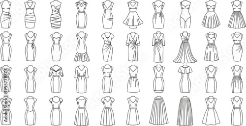 Women dress vector outline set with various fashion styles, elegant clothing silhouettes collection, female apparel design templates isolated on white background.