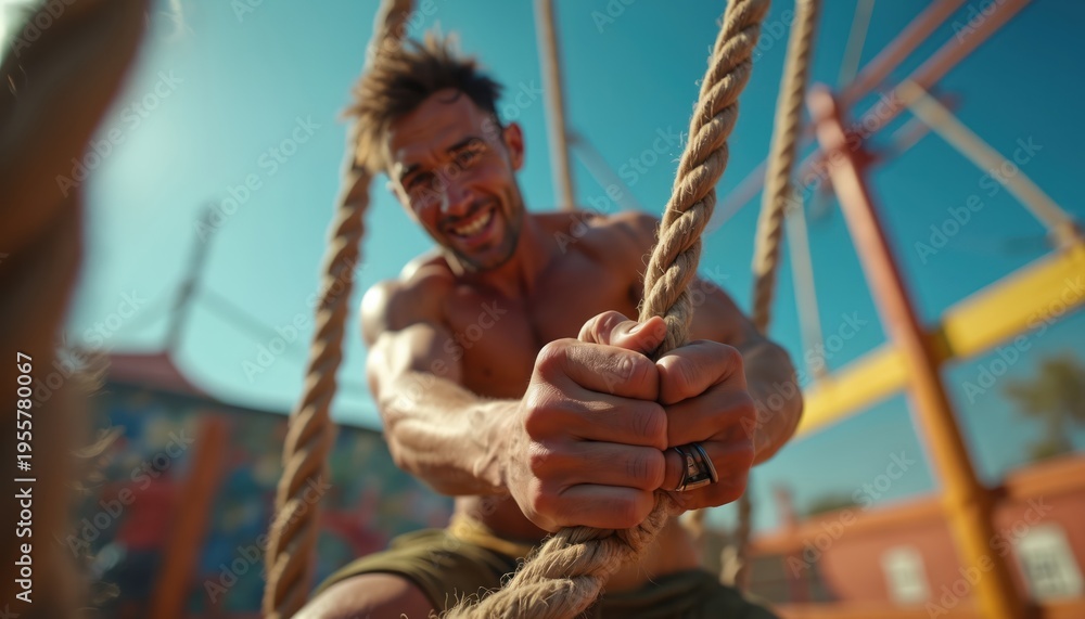 Obraz premium Muscular man smiles climbing thick rope outdoor obstacle course. Athlete trains hard, uses arm strength for tough fitness challenge. He has strong grip, muscular build, clear blue sky.