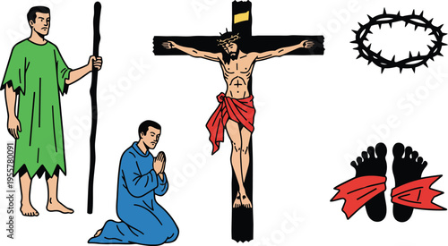 Jesus on cross with crown of thorns red loincloth and kneeling worshipper in flat vector