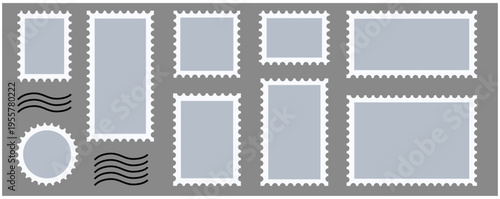 blank postage stamp vector set with postmark and frame templates, isolated
