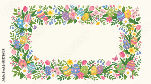 Festive Spring Holiday Frame with Beautifully Decorated Easter Eggs, Blooming Flowers, and Greenery, Perfect for Celebratory Design Projects