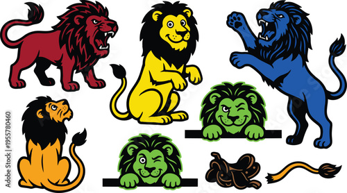 Colorful mascot lions in varied poses with winking green and roaring blue flat vector art