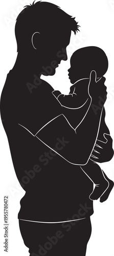 Silhouette of a father tenderly holding his baby, face to face, showcasing the precious bond and intimate moment of parental love.