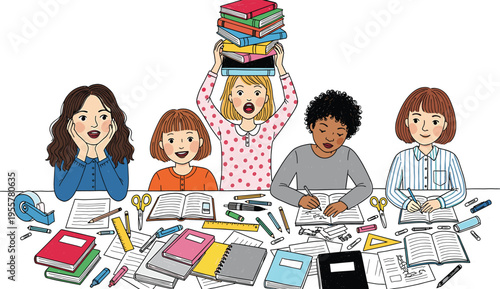 Cartoon illustration of diverse schoolgirls studying together with books and stationery on a table showing teamwork and academic pressure in a fun way