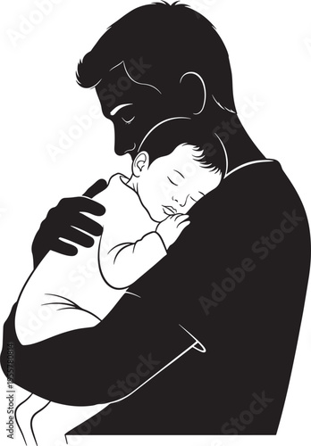 Silhouette of a father holding his sleeping baby close, a tender moment of love, peace, and deep paternal connection.