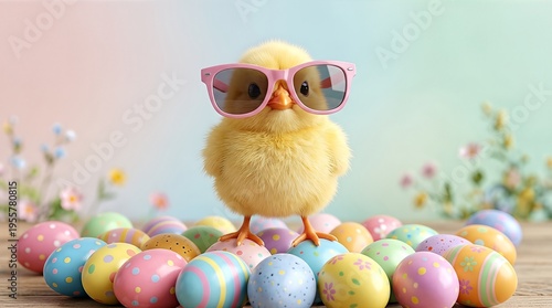 Adorable yellow chick wearing sunglasses surrounded by vibrant Easter eggs on a pastel background, conveying a playful springtime vibe.