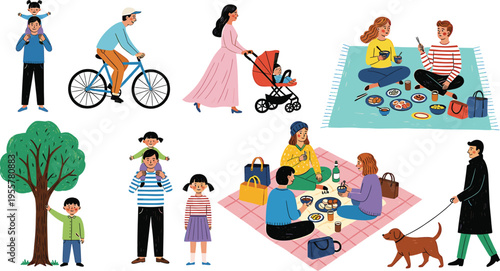 Colorful flat design illustration of families enjoying outdoor activities together in a park setting and picnic scenes with children playing