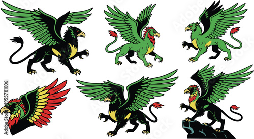 Vector art set of six green and black griffin poses with red tail tuft