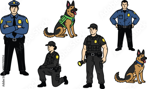 Vector art police officers and k9 german shepherds in blue and black uniforms with green harness