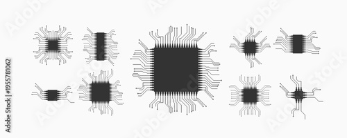 Set of microchip icons with circuit lines on a light background, representing cpu, microchip, electronics, hardware design, and modern computing technology.