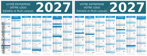 Calendrier 2027 14 mois au format 320 x 420 mm recto verso entièrement modifiable via calques et texte sans serif