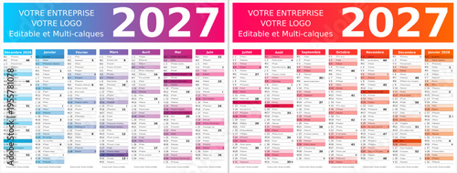 Calendrier 2027 14 mois au format 320 x 420 mm recto verso entièrement modifiable via calques et texte sans serif