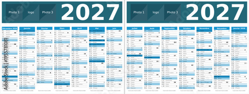 Calendrier 2027 14 mois au format 320 x 420 mm recto verso entièrement modifiable via calques et texte sans serif
