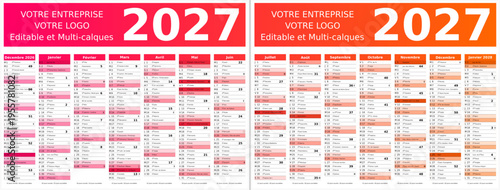 Calendrier 2027 14 mois au format 320 x 420 mm recto verso entièrement modifiable via calques et texte sans serif