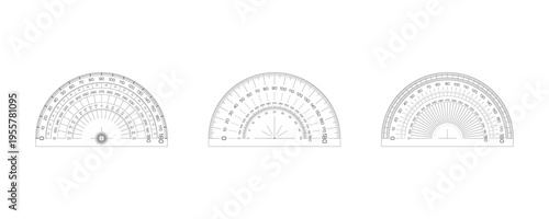 Set of detailed protractor tools with precise degree markings, ideal for geometry, engineering, education, and technical drawing on a clean background