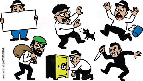 Retro cartoon burglars in bowler hats stealing from safe and threatening with knife