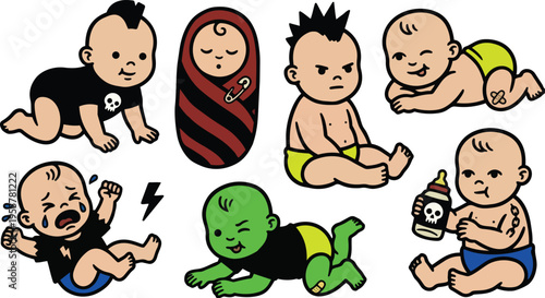 Playful punk baby characters with skull bottle safety pin and striped swaddle vector art