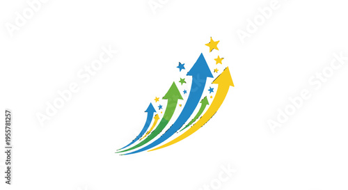 A stylized logo with colorful arrows and stars.