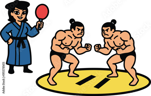 Vector art two sumo wrestlers facing off on yellow ring with female referee in blue robe