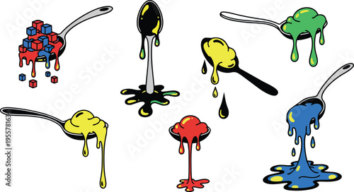 Playful cartoon spoons with dripping red yellow blue green paint and scattered red cubes