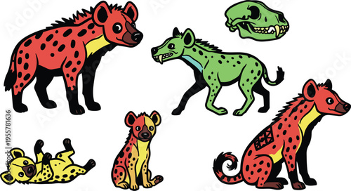 Colorful spotted hyena characters with skull and pup playful poses flat vector art