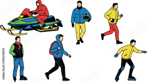 Flat design figures in winter jackets walking jogging rollerblading and one rider on green snowmobile