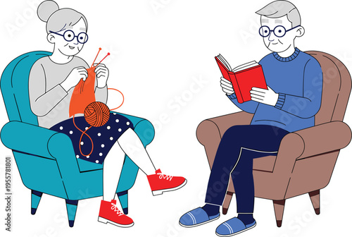 Elderlycoupleenjoyingleisuretimetogetherwithoneknittingandtheotherreadingabookincozyarmchairsathome