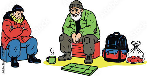 Flat design homeless man and woman sitting with backpack cup and blanket in cold weather