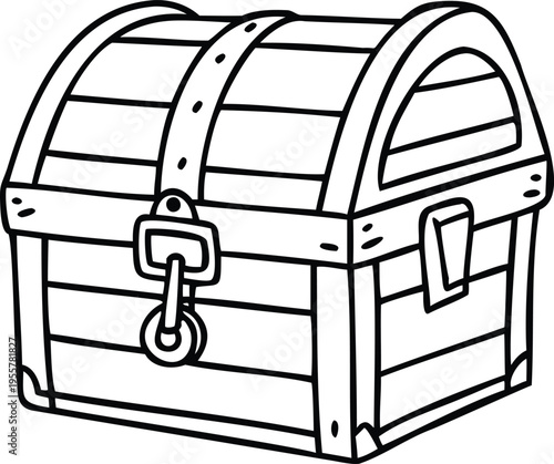 Hand drawn outline treasure chest with metal straps and locked clasp, vector illustration