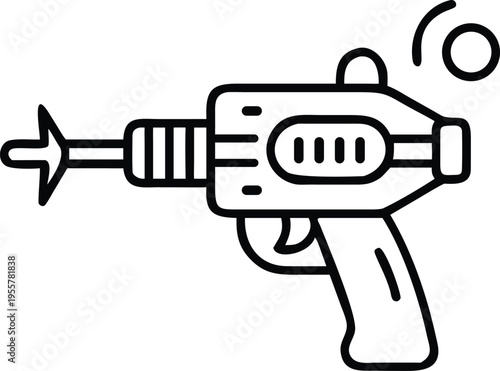 Retro ray gun line art icon of futuristic space weapon with laser beam and cosmic energy effect