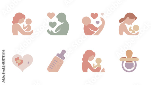 A collection of illustrations symbolizing motherhood and infant care.