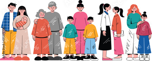 Colorfulillustrationofamultigenerationalfamilywithdiversecharactersandchildrenincasualclothingstandingtogetherhappilyandshowingfamilyunityandbondinginaflatcartoonstyle