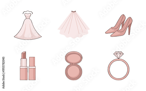 Bridal essentials: A collection of wedding-related items, including dress, veil, shoes, lipstick, blush, and ring.