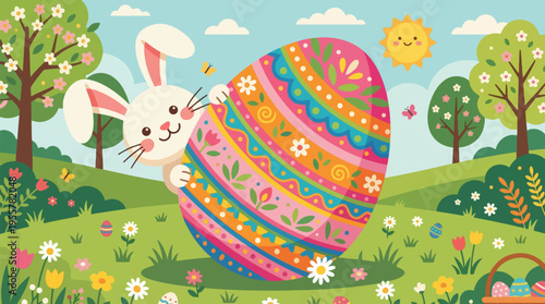 Joyful Easter Bunny and a Giant Decorated Egg in a Vibrant Spring Meadow - Cheerful Festive Holiday Celebration Illustration